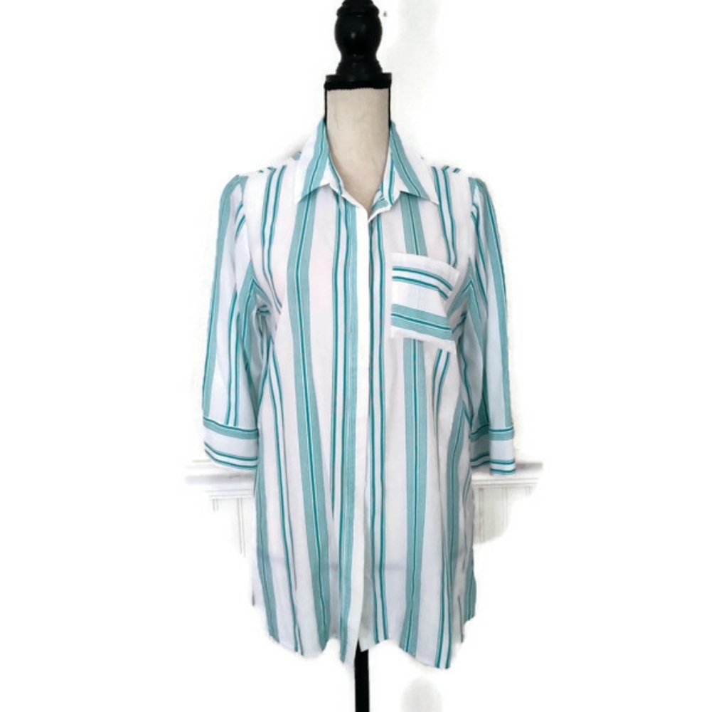 Soft Surroundings Mint Green Striped Tunic Shirt Size Medium